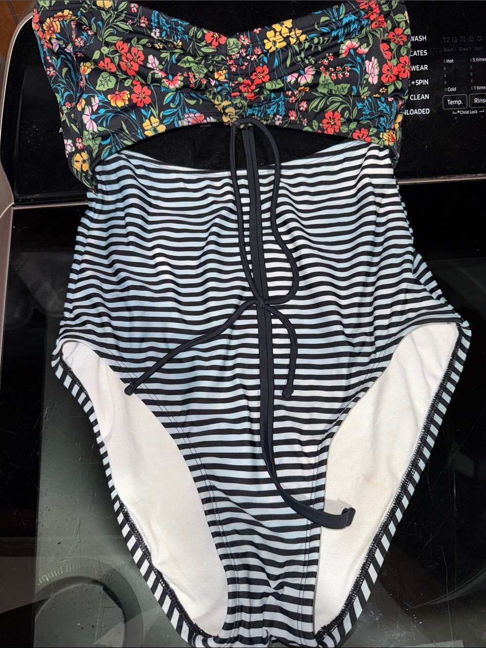 Time and Tru Black Striped One-Piece Swimsuit with Floral Bust